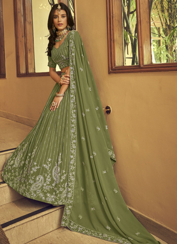 Incredible Faux Georgette Mehendi Green Viscose Work Lehenga